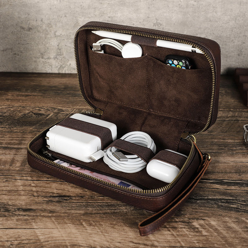 Tech Accessories Travel - Vintage bruine, echte koeienhuidleren tech organizer